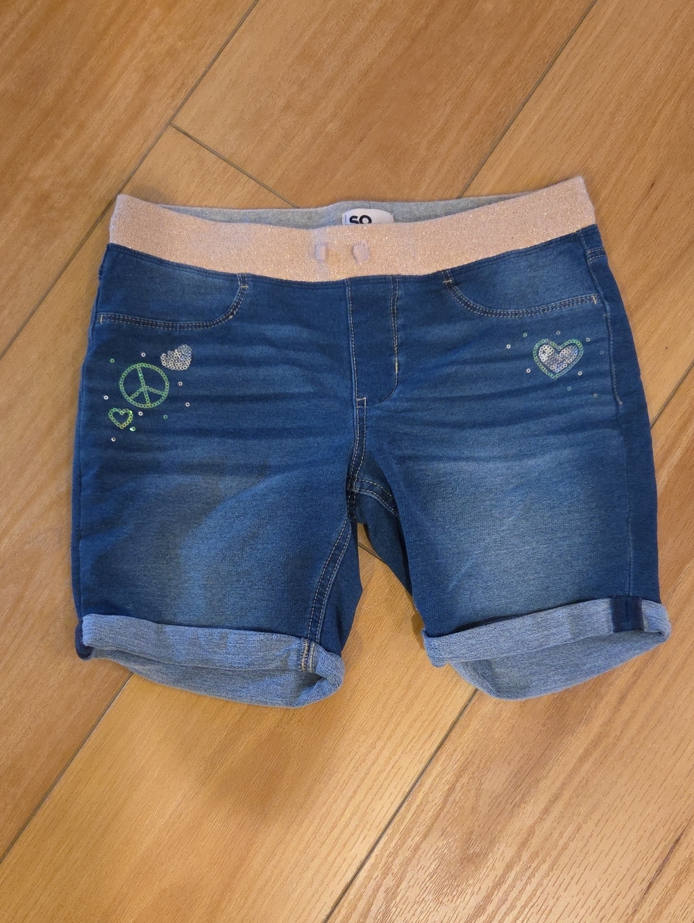 Girls Stretch Denim Shorts with Pink Waistband